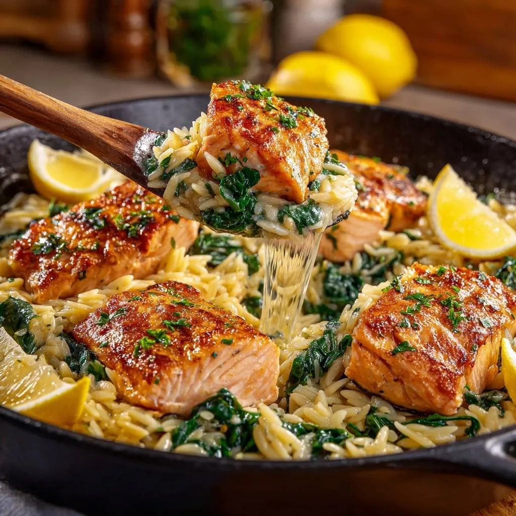 Pan-seared salmon with lemon spinach orzo, with a wooden spoon lifting a serving with sauce dripping.
