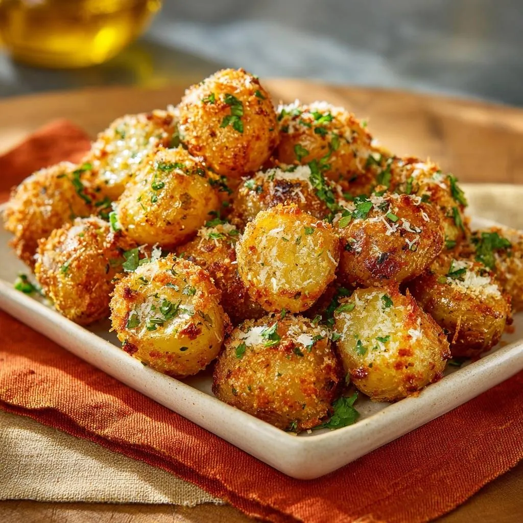 Crispy Panko Parmesan Potatoes piled high on a white rectangular plate, garnished with parsley and grated cheese.