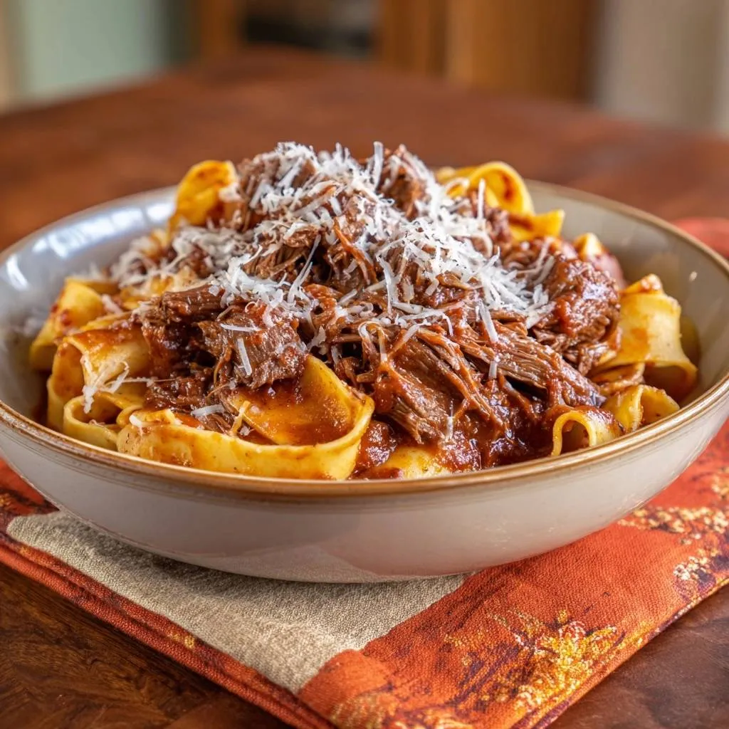 Pappardelle with shredded beef ragu served in a bowl, topped with grated Parmesan cheese.