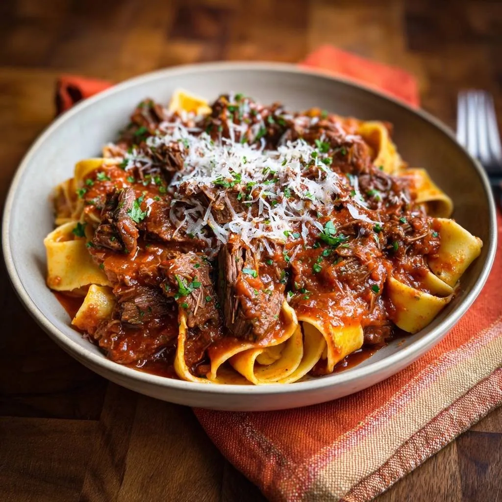 Pappardelle with shredded beef ragu served in a rustic bowl, generously topped with grated Parmesan cheese and fresh parsley.