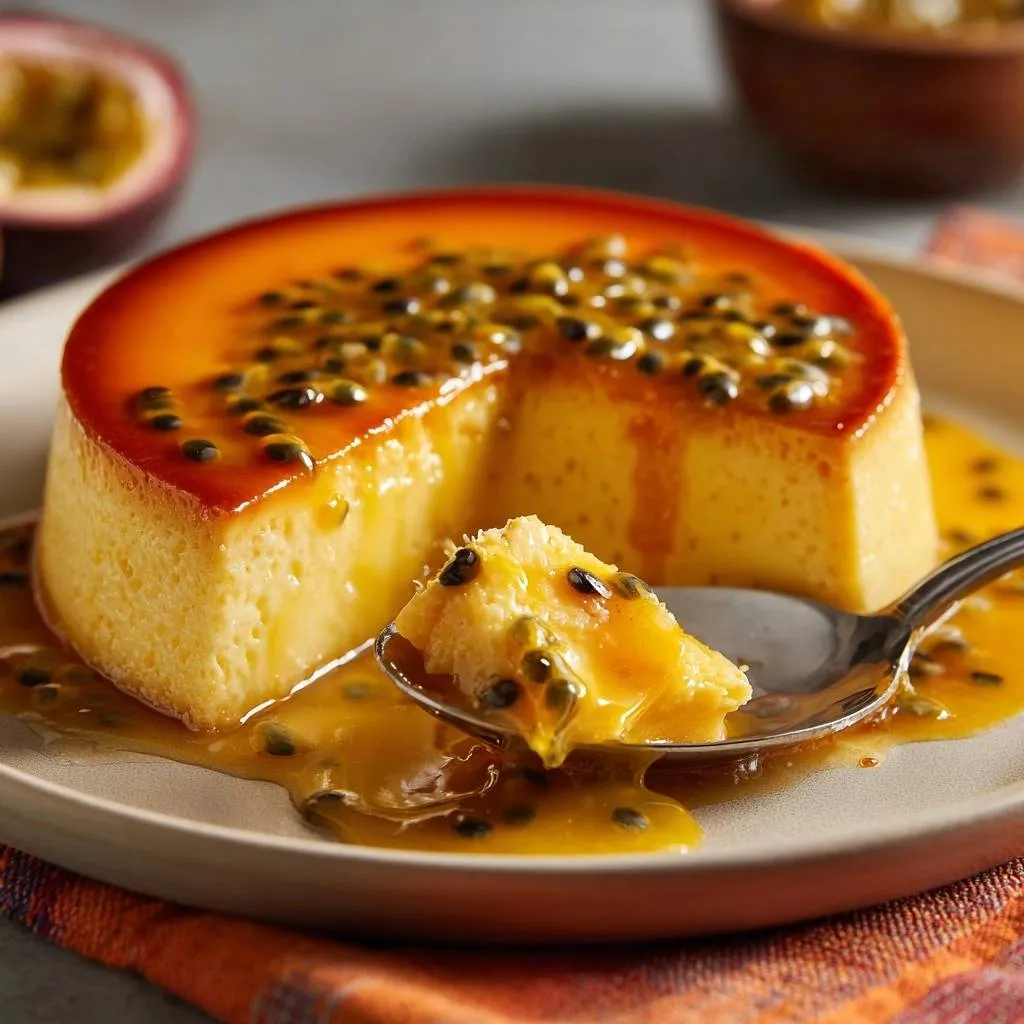 Passion fruit flan with a spoonful of the custard and passion fruit topping in a close-up cross-section view.