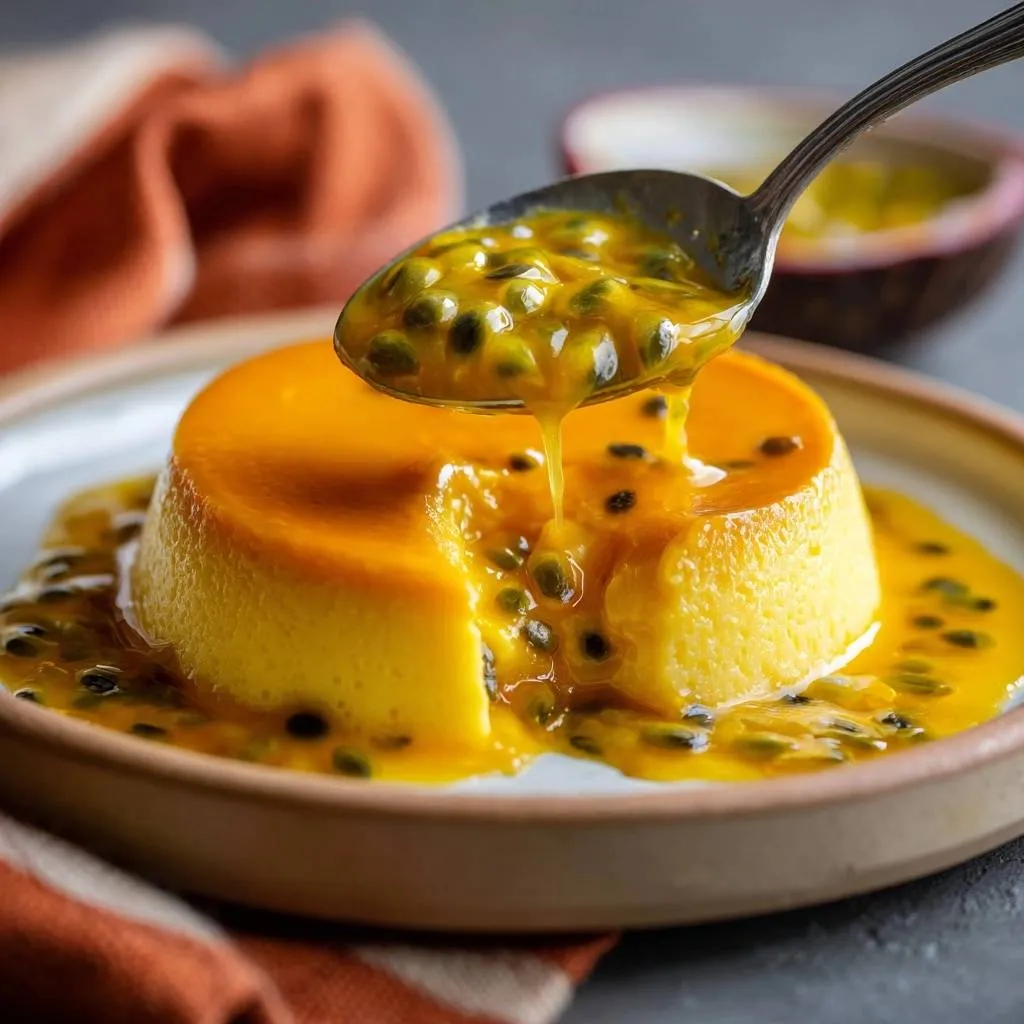 Passion fruit flan with a spoonful of passion fruit sauce drizzling onto the custard.