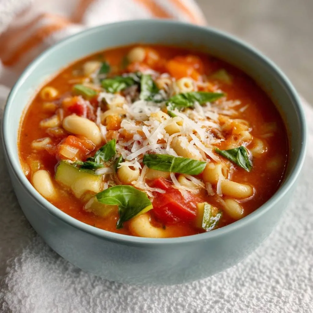 Pasta e Fagioli, a hearty Italian bean soup, in a bowl, garnished with fresh basil and grated Parmesan cheese.