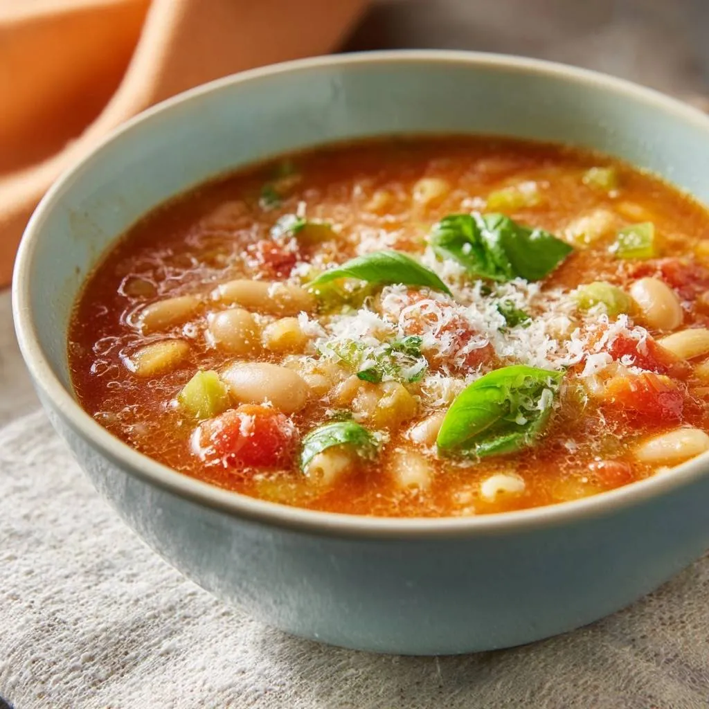 Pasta e Fagioli, a hearty Italian bean soup, served in a blue bowl and garnished with fresh basil and grated cheese.