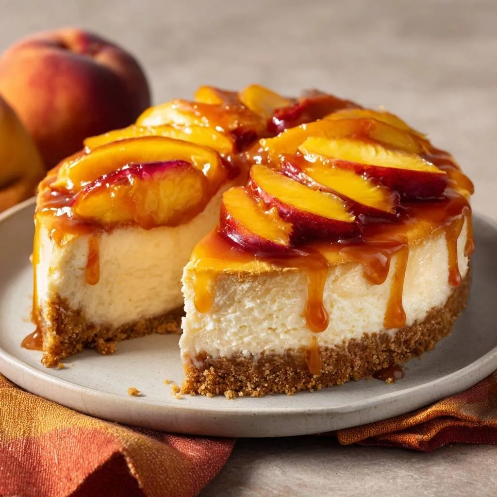 Peach cheesecake with caramel drizzle and fresh peach slices, revealing a creamy interior and graham cracker crust.