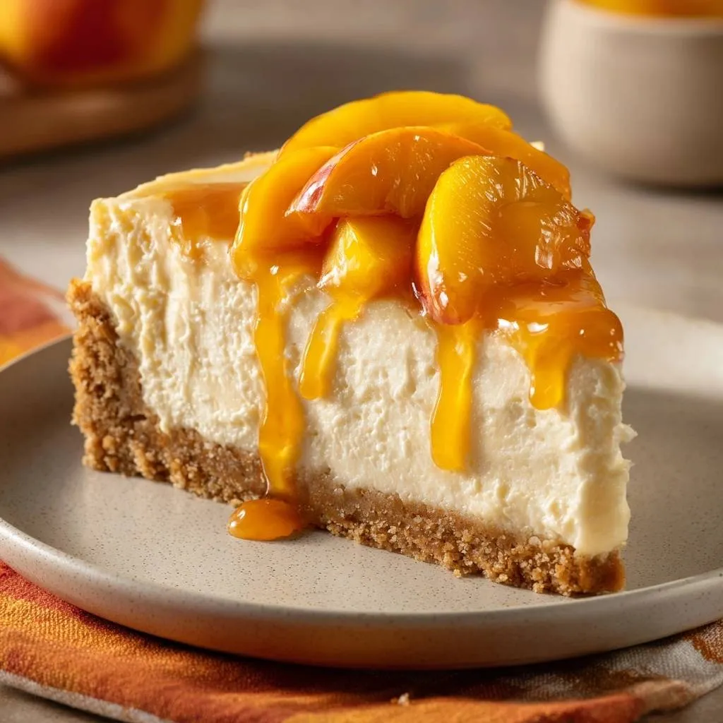 Peach cheesecake, a plated slice showcasing creamy filling, graham cracker crust, and juicy peach topping with drippy glaze.