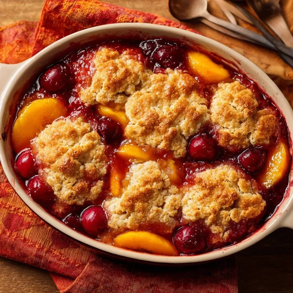 Peach cherry cobbler with fluffy golden topping shown in a baking dish with a close-up view of the fruit and topping.