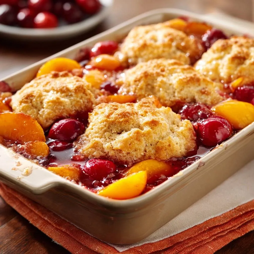 Peach cherry cobbler with fluffy golden topping, a close-up view of the baked dessert in a dish.