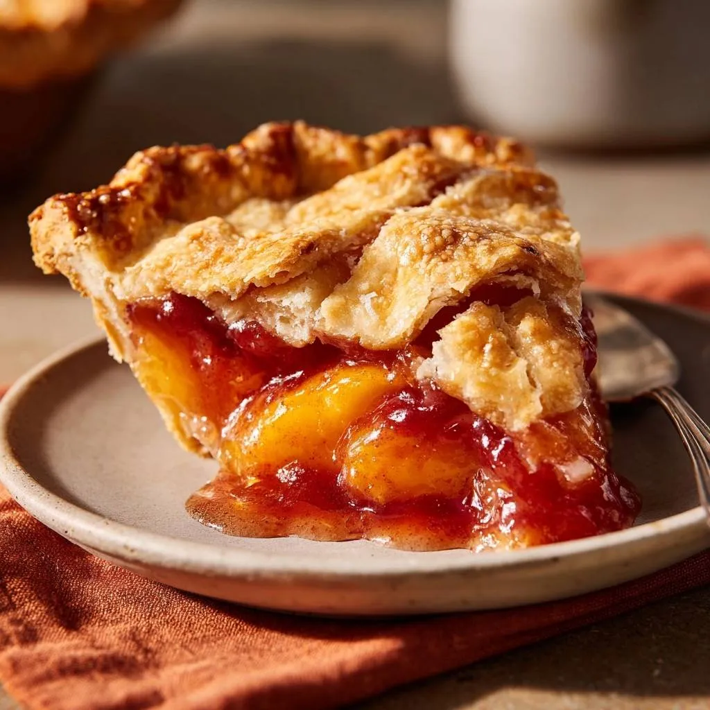 Peach cherry pie with no-runny filling shown in a close-up cross-section revealing the juicy fruit and flaky crust.