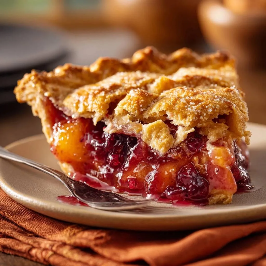 Peach cherry pie with no-runny filling, shown as a close-up interior slice on a plate with a fork.