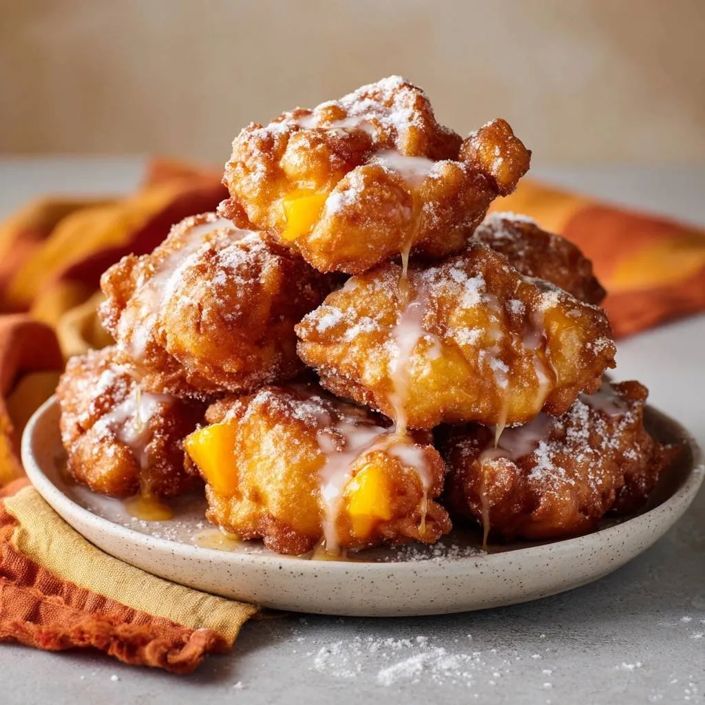 Crispy peach fritters drizzled with glaze and dusted with powdered sugar, showing a close-up view.