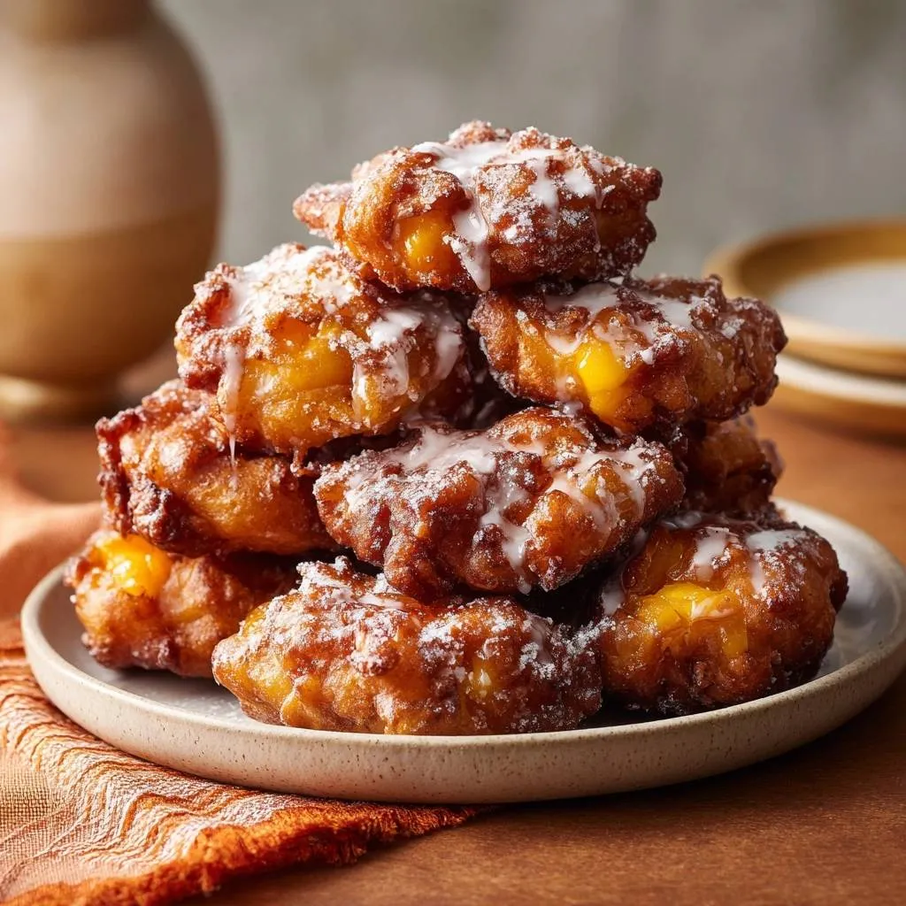 Crispy peach fritters drizzled with glaze, stacked high on a plate, showcasing their golden-brown texture.