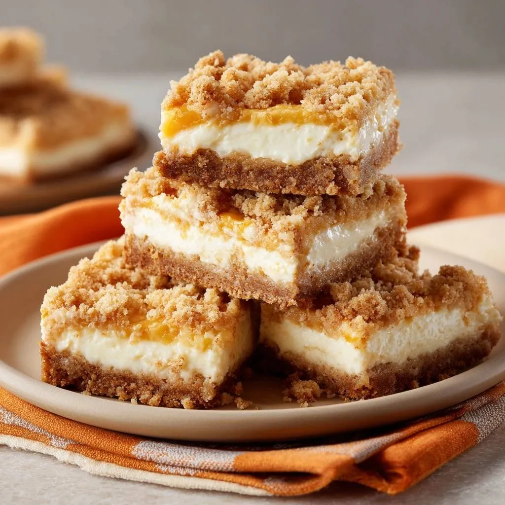 Peach streusel cheesecake bars shown in a close-up stacked cross-section revealing layers of graham cracker crust, creamy filling, and streusel topping.