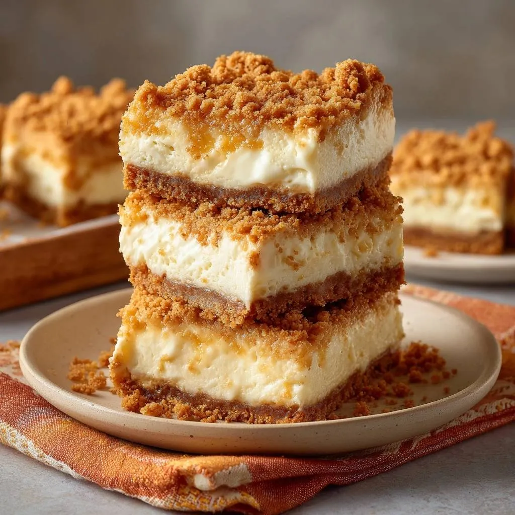 Peach streusel cheesecake bars stacked high on a plate, showing multiple creamy layers and a crumb topping.
