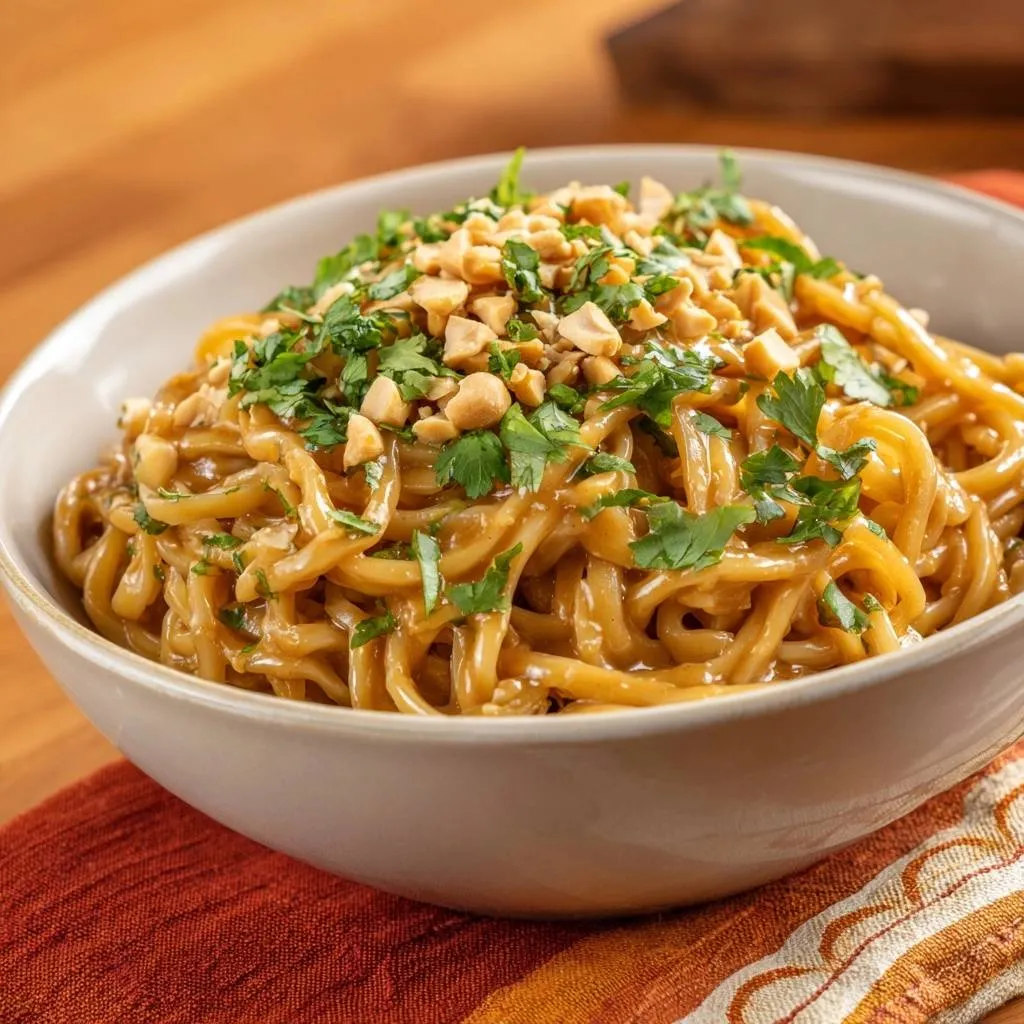 Peanut noodles with a close-up detail shot of the chopped peanut and parsley garnish.