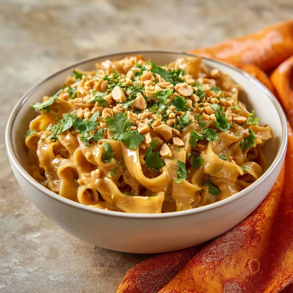 Peanut noodles with a close-up view of the chopped peanut and cilantro garnish.