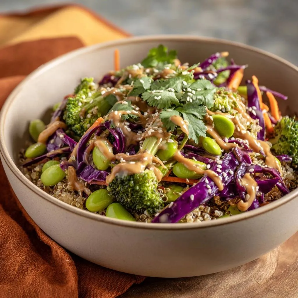 Vibrant peanut quinoa power bowl recipe drizzled with sauce and topped with fresh cilantro and sesame seeds.