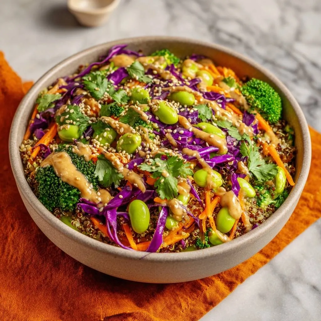 Vibrant Peanut Quinoa Power Bowl Recipe shown in an overhead view with a detailed garnish of sesame seeds and cilantro.