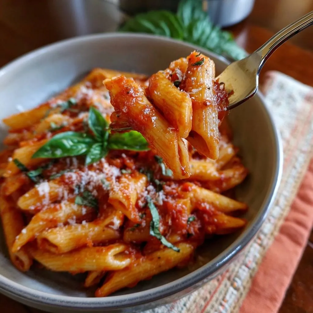 Penne Pomodoro with clinging sauce mastery shown on a fork, highlighting the rich texture and fresh basil garnish.