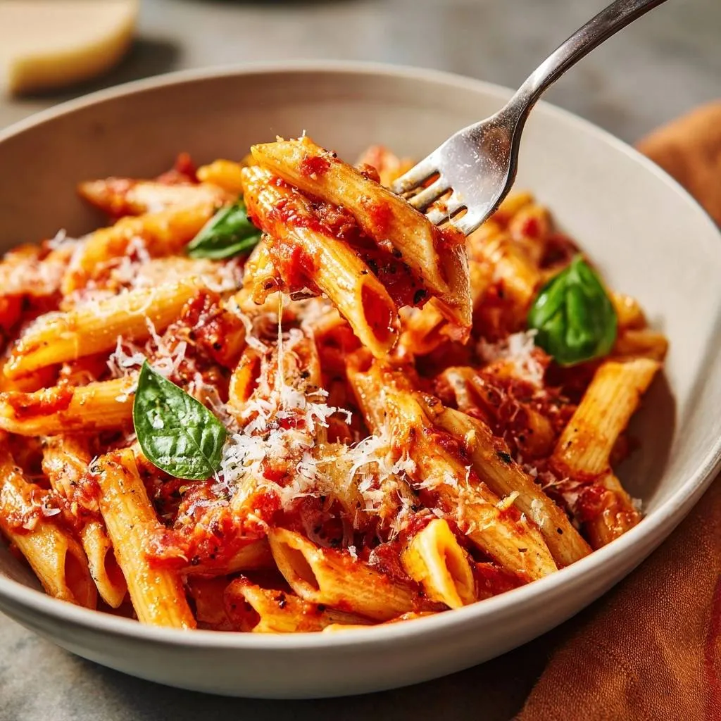 Penne Pomodoro with Clinging Sauce Mastery shown on a fork, with grated cheese and basil garnish.