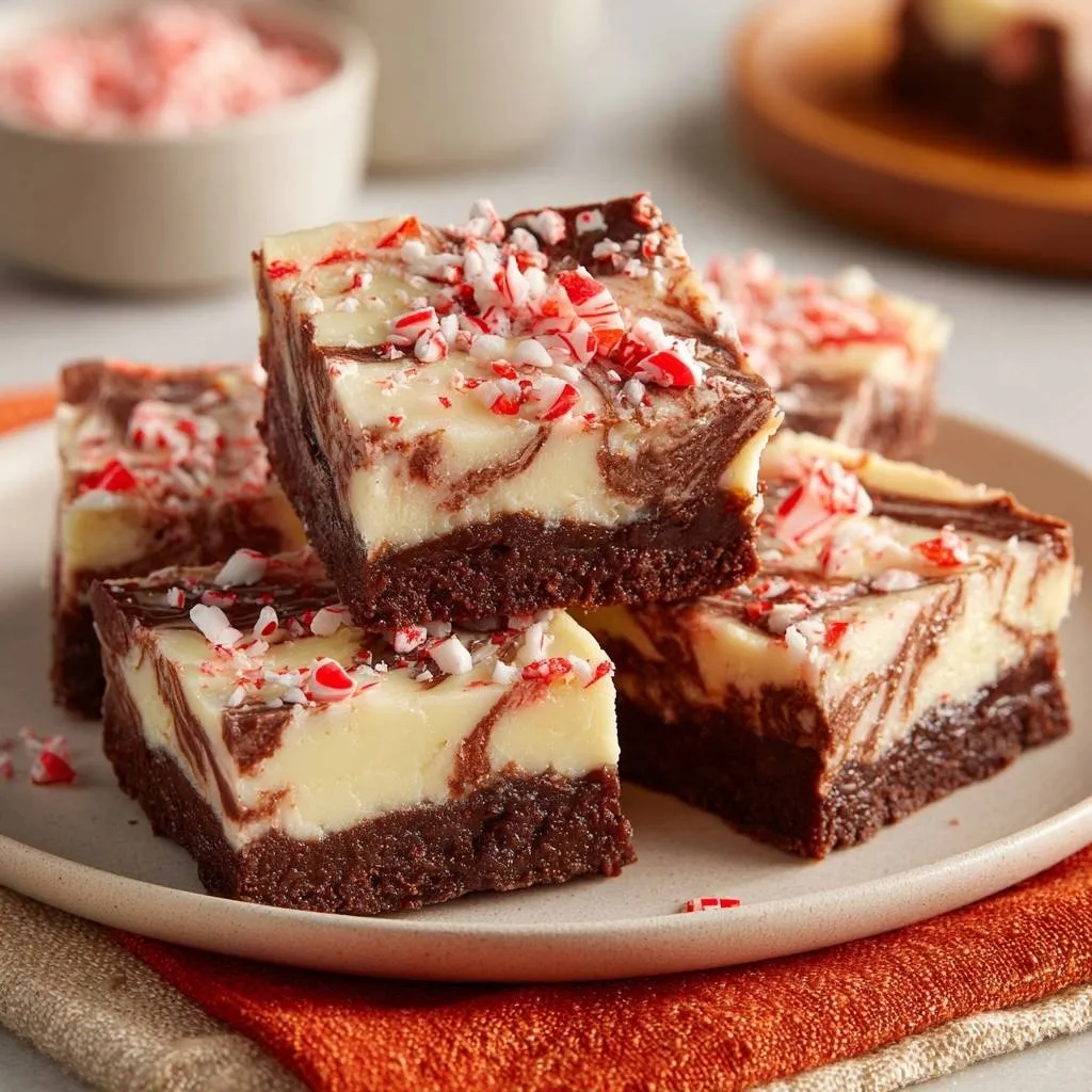 Peppermint cheesecake swirl brownies are sliced and artfully arranged on a plate, showcasing their marbled texture and candy cane topping.