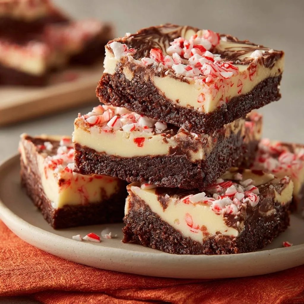 Peppermint cheesecake swirl brownies shown stacked with a close-up cross-section revealing the layers and crushed candy cane topping.