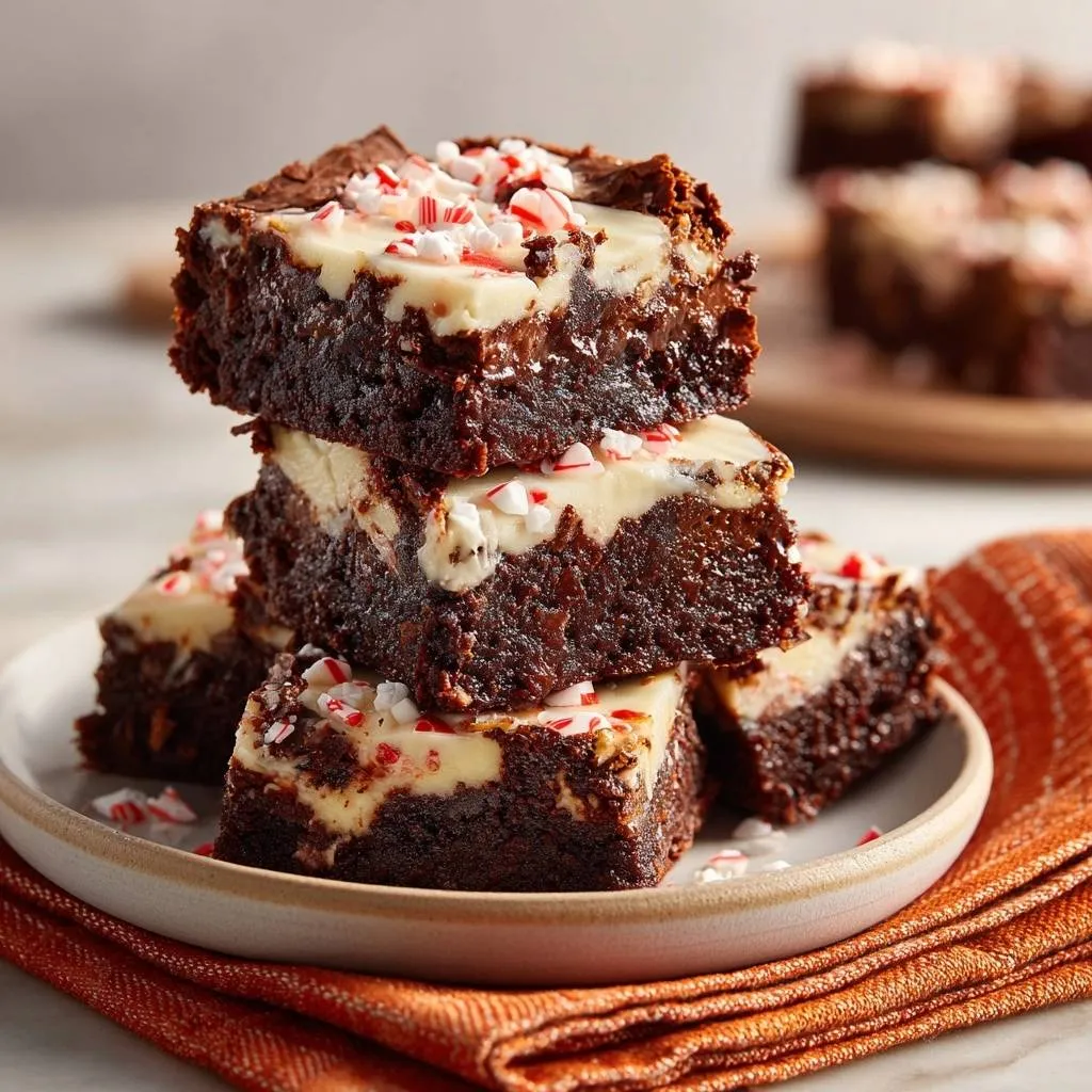 Peppermint frosted brownies with fudgy texture stacked on a plate, topped with crushed candy canes.