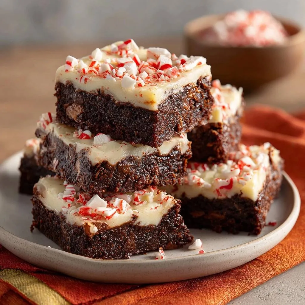 Peppermint frosted brownies with fudgy texture, stacked high on a plate and sprinkled with crushed candy canes.