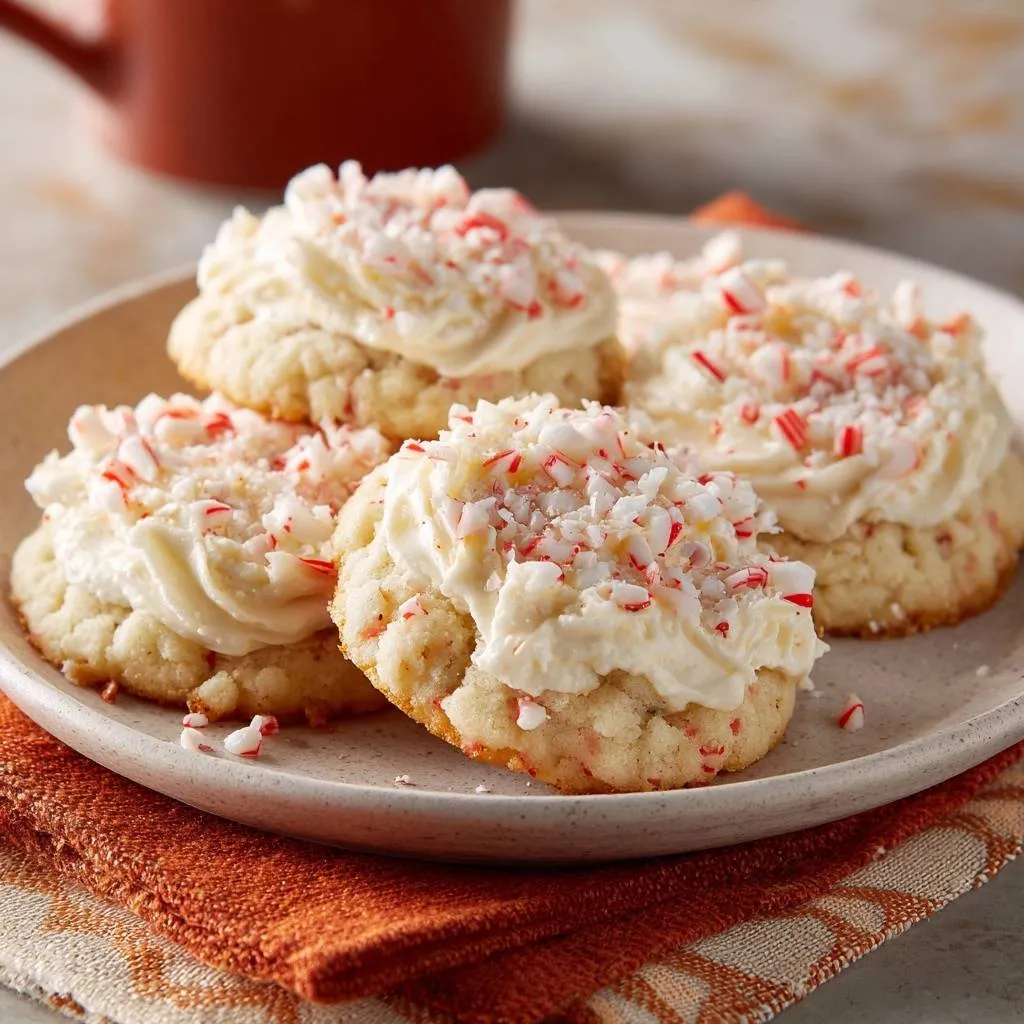 Peppermint frosted sugar cookies with thick, puffy shape, shown in a close-up detail with crushed candy cane topping.