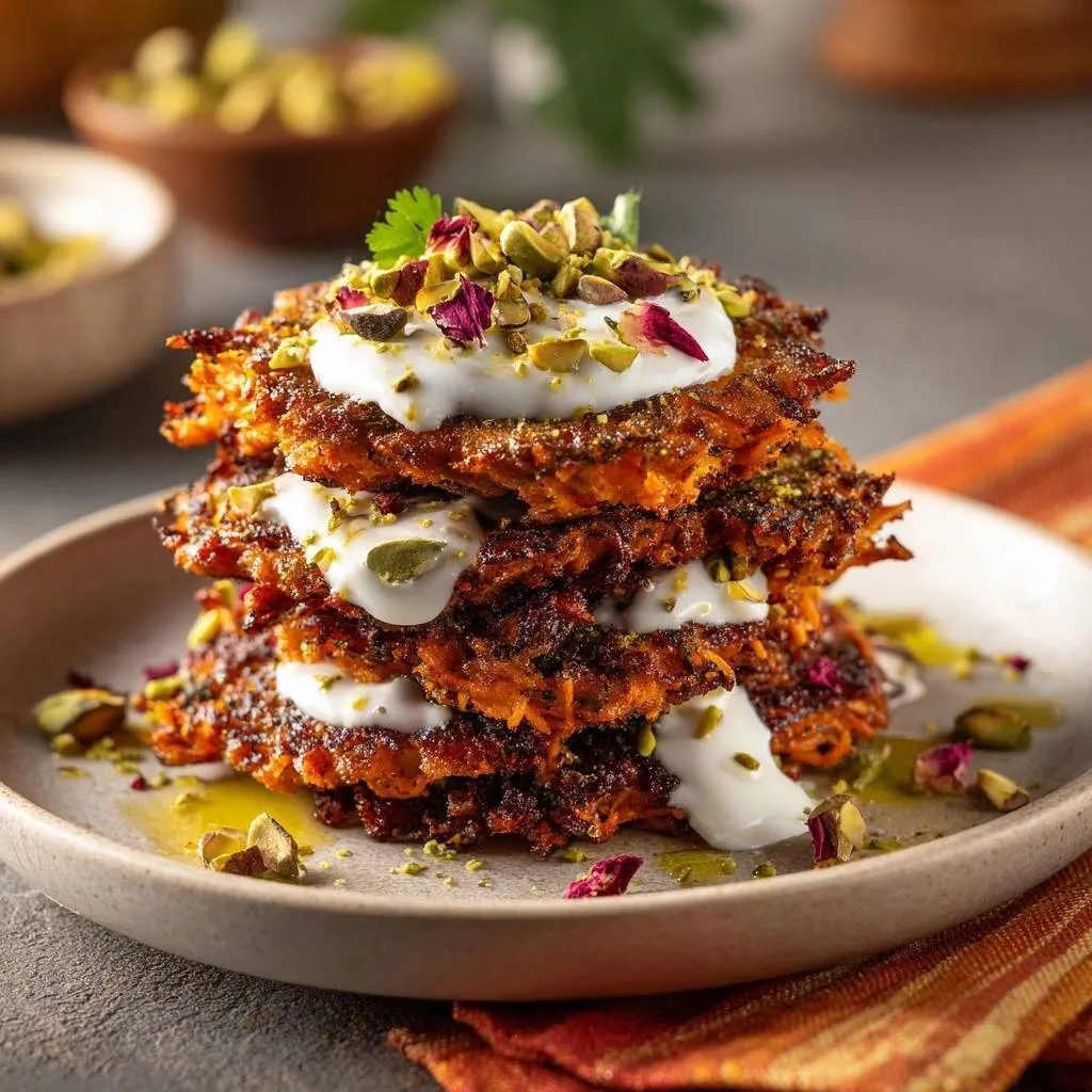Persian sweet potato latkes stacked high, topped with creamy yogurt, chopped pistachios, and rose petals.