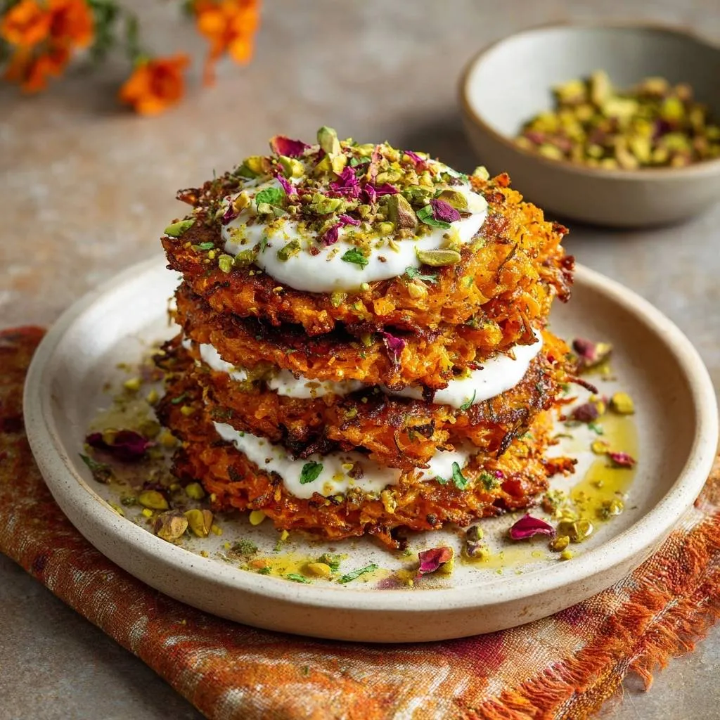 Persian sweet potato latkes stacked high with creamy yogurt and chopped pistachios, garnished with rose petals.