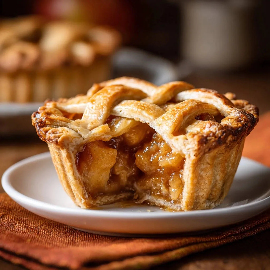 Personal mini apple pies with a lattice crust, showing a close-up interior cross-section of the baked apple filling.