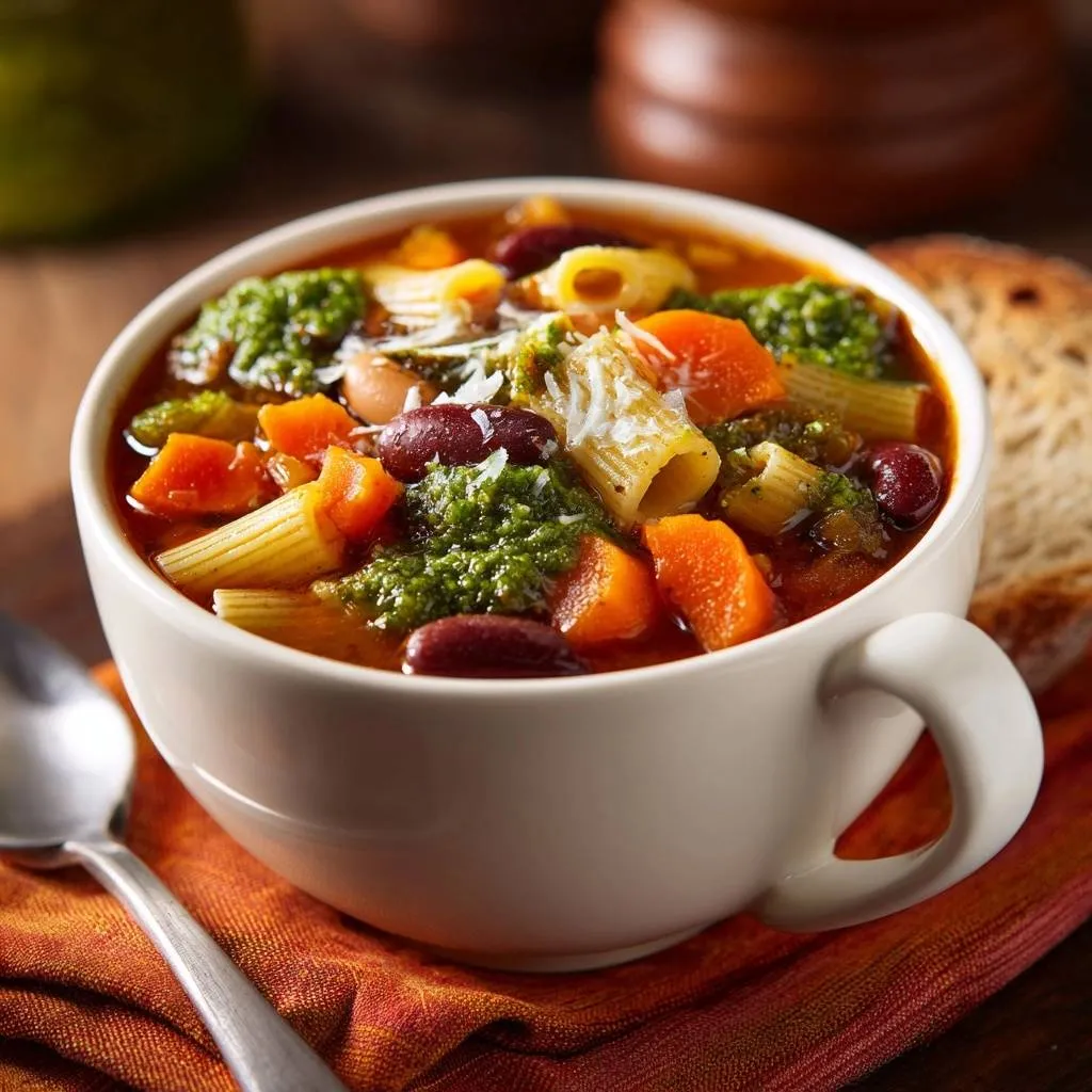 Hearty pesto minestrone soup with perfect al dente pasta shown in a close-up bowl detail with fresh pesto and garnishes.