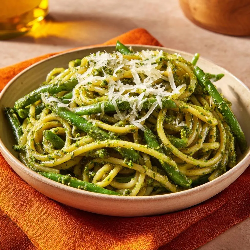 Pesto pasta with green beans and grated cheese, served in a rustic bowl and garnished with fresh parsley.