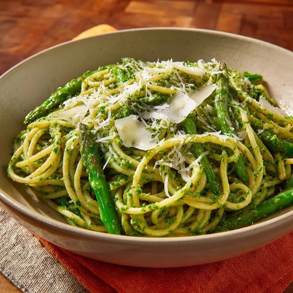 Pesto pasta with green beans served in a bowl, showcasing a close-up twirl of pasta and asparagus topped with shaved parmesan cheese.