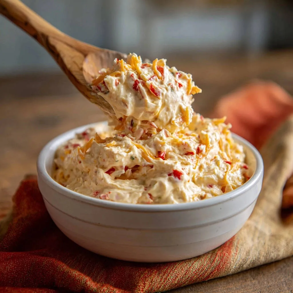 Classic creamy pimento cheese being scooped out of a bowl with a wooden spoon, showing its fluffy texture.