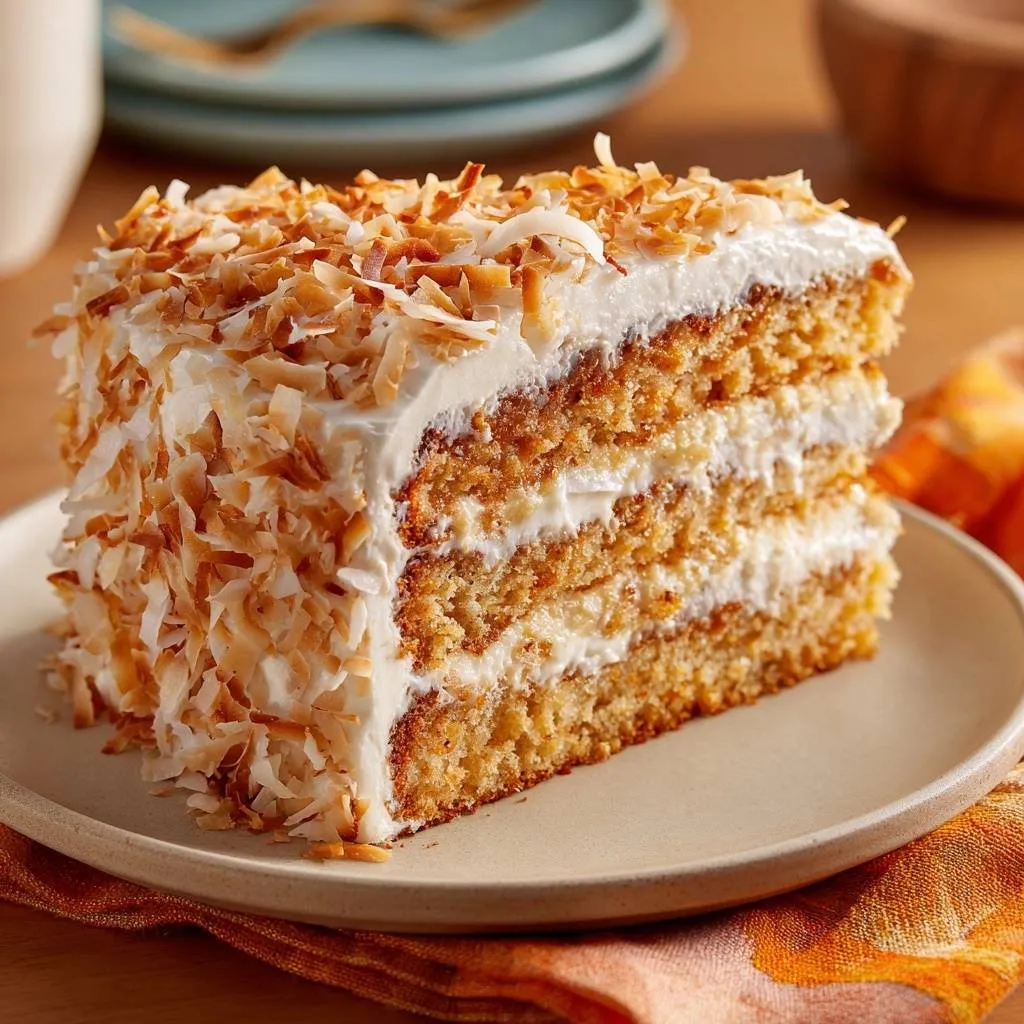 Pineapple coconut cake with no-sink fruit layers shown in a close-up slice revealing its layered interior and toasted coconut topping.