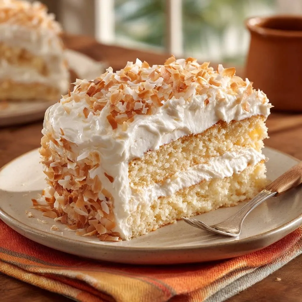 Pineapple coconut cake with no-sink fruit layers, shown as a close-up cross-section of a single slice on a plate.