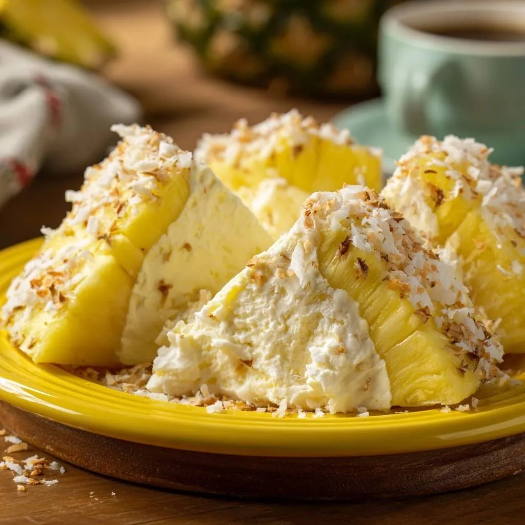 Pineapple coconut cream stacks, a close-up view showing the distinct tropical layers and toasted coconut topping.