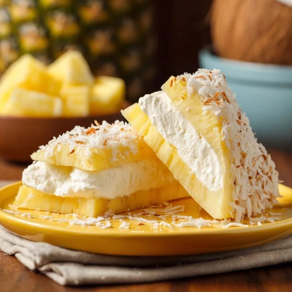 Pineapple coconut cream stacks recipe shown in a close-up cross-section with toasted coconut flakes.