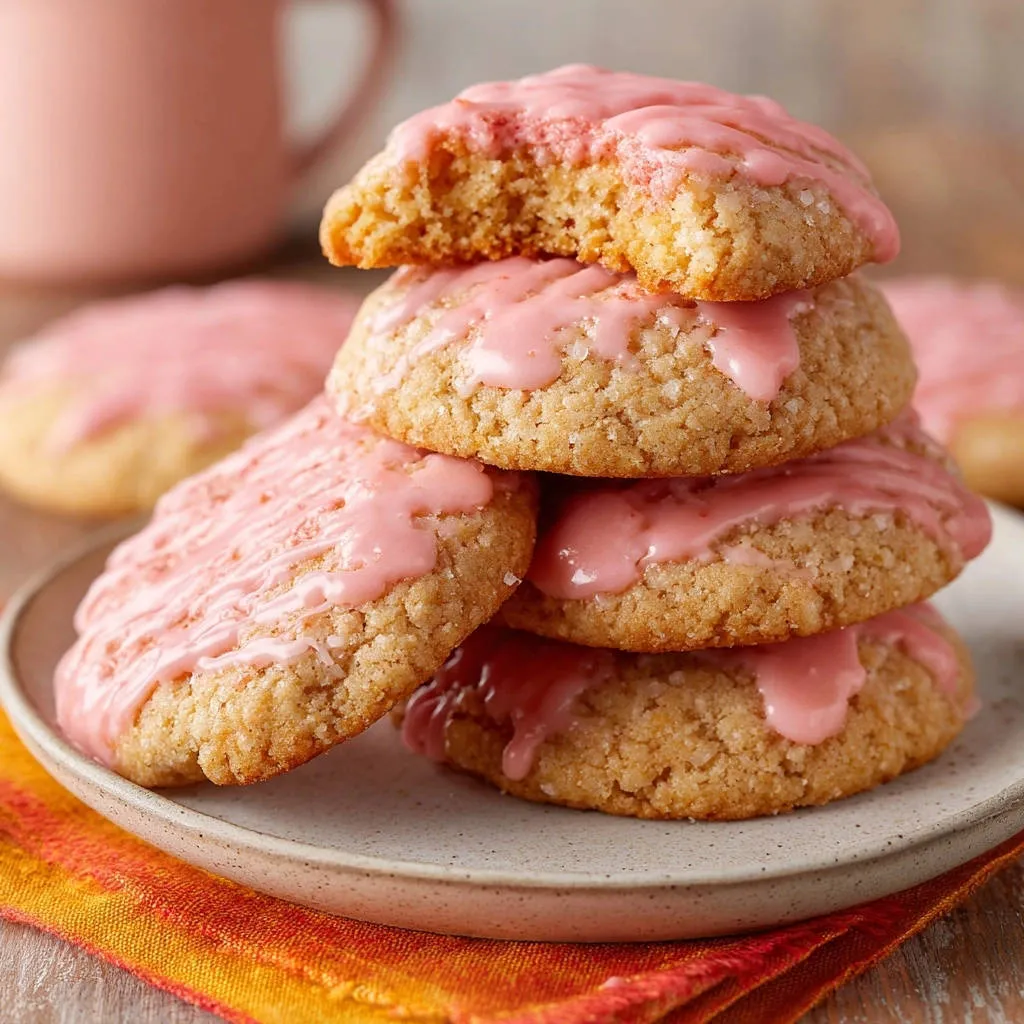 Soft pink glazed sugar cookies stacked on a plate, with a bite taken out of the top cookie.