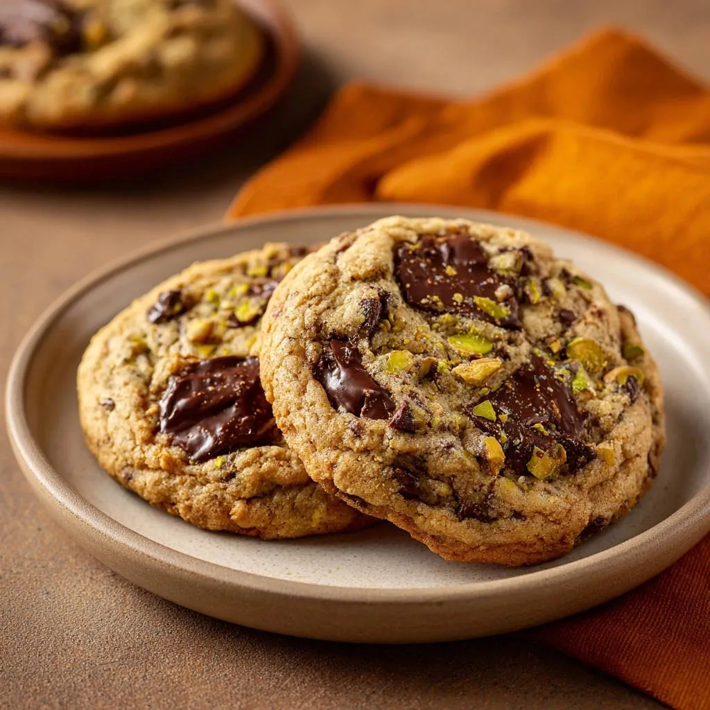 Pistachio dark chocolate chunk cookies, bakery-style, shown as a close-up of two chewy cookies on a plate.