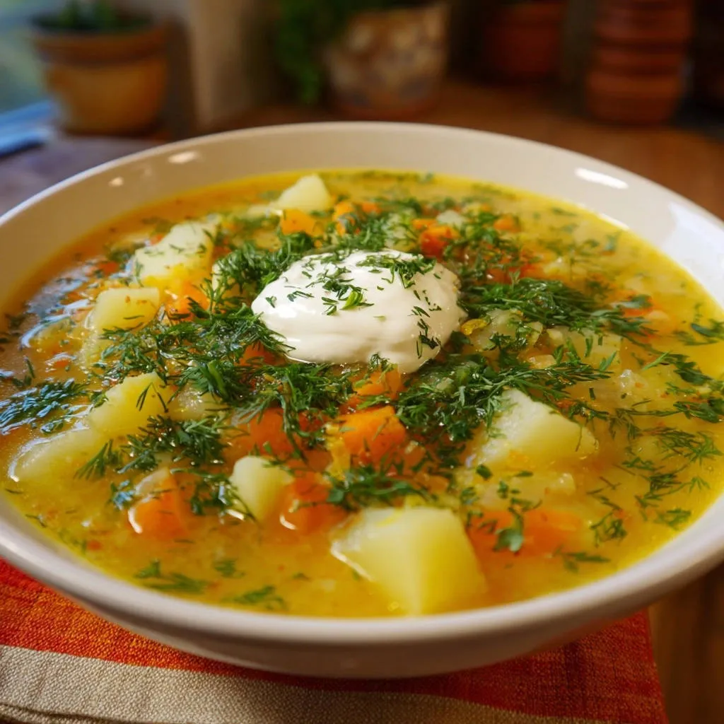 Creamy hearty potato and carrot soup with a dollop of sour cream and fresh dill garnish.