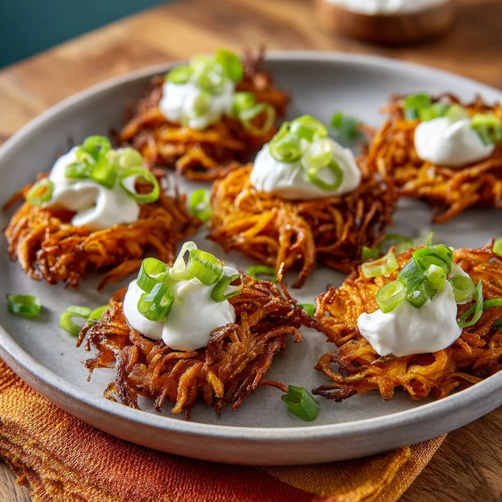 Ultimate Crispy Potato Fritters plated with sour cream and fresh green onion garnish.