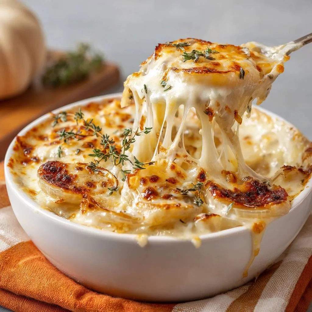 Potatoes au gratin with a serving spoon lifting creamy, cheesy layers, showing a dramatic cheese pull.