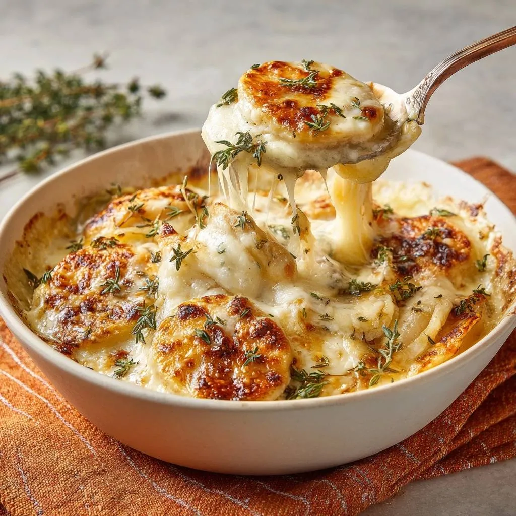 Potatoes au gratin with a spoonful lifting to show creamy, cheesy layers and fresh thyme garnish.
