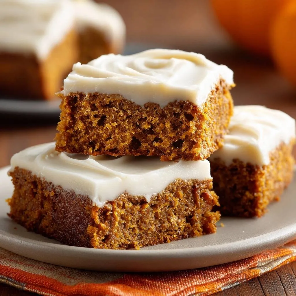 Pumpkin cream cheese bars with fluffy texture shown as stacked slices on a plate.