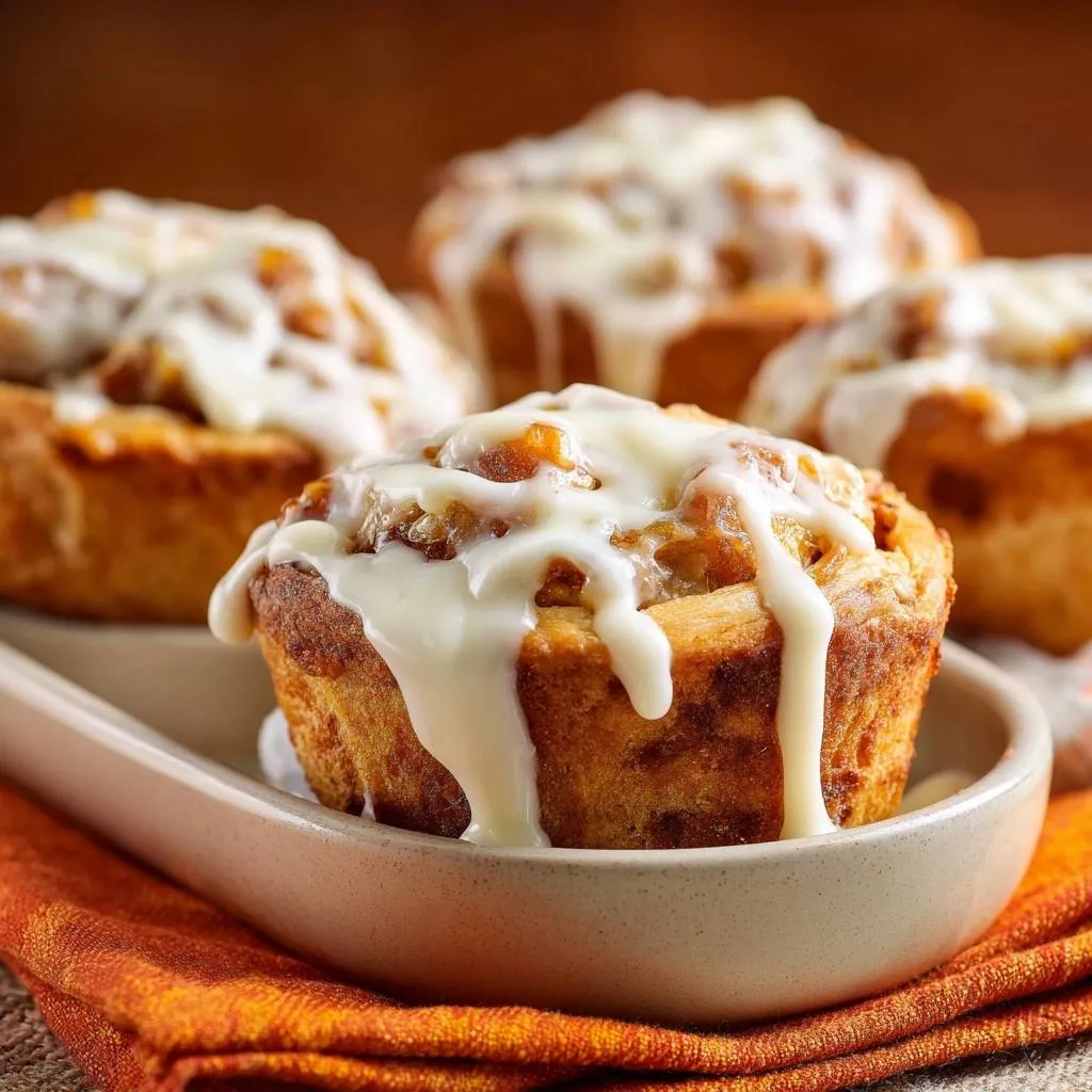 Pumpkin pecan cinnamon rolls with fluffy tangzhong dough, showing a close-up of the creamy glaze dripping down the side.