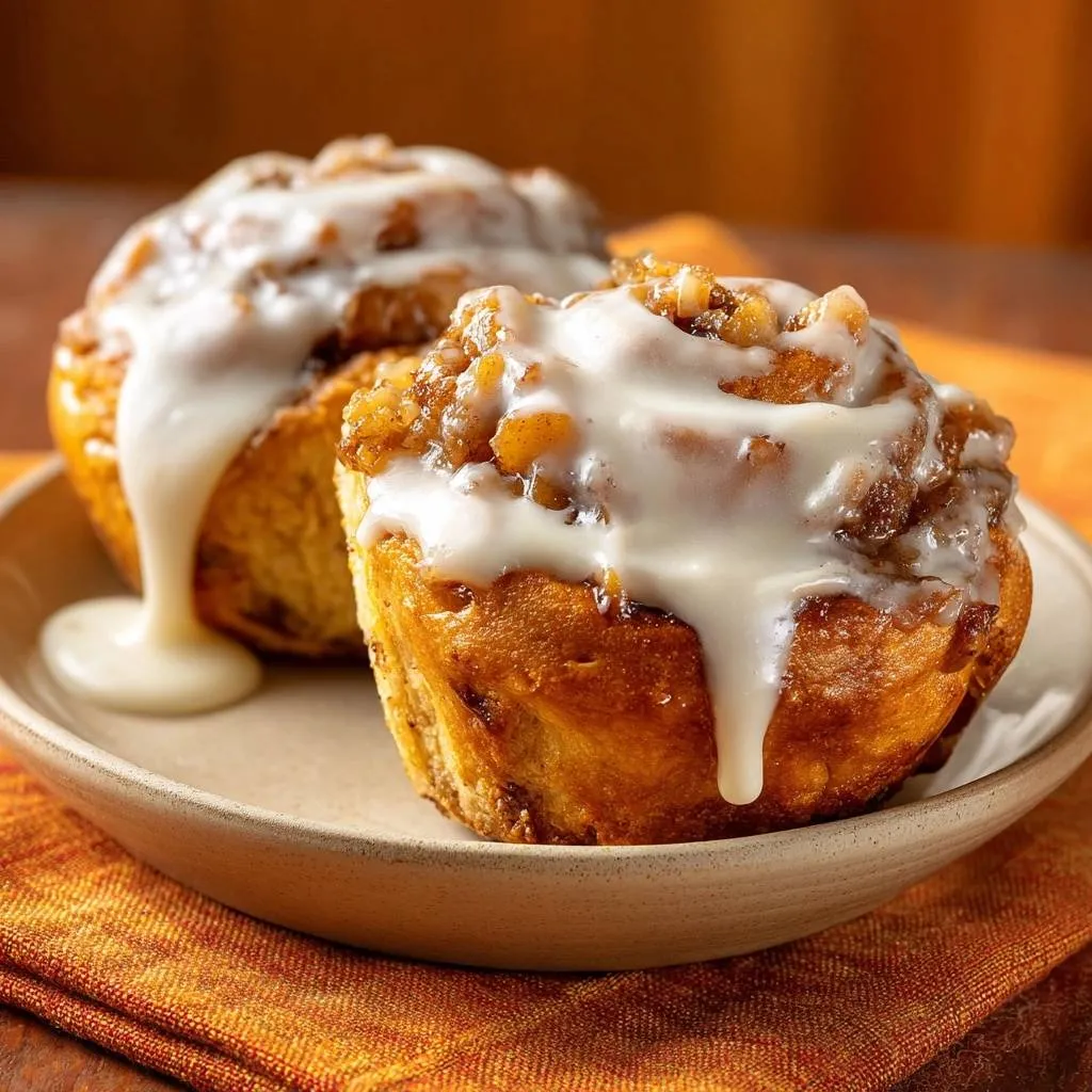 Pumpkin pecan cinnamon rolls with fluffy tangzhong dough, showing a close-up of white glaze dripping over the top.
