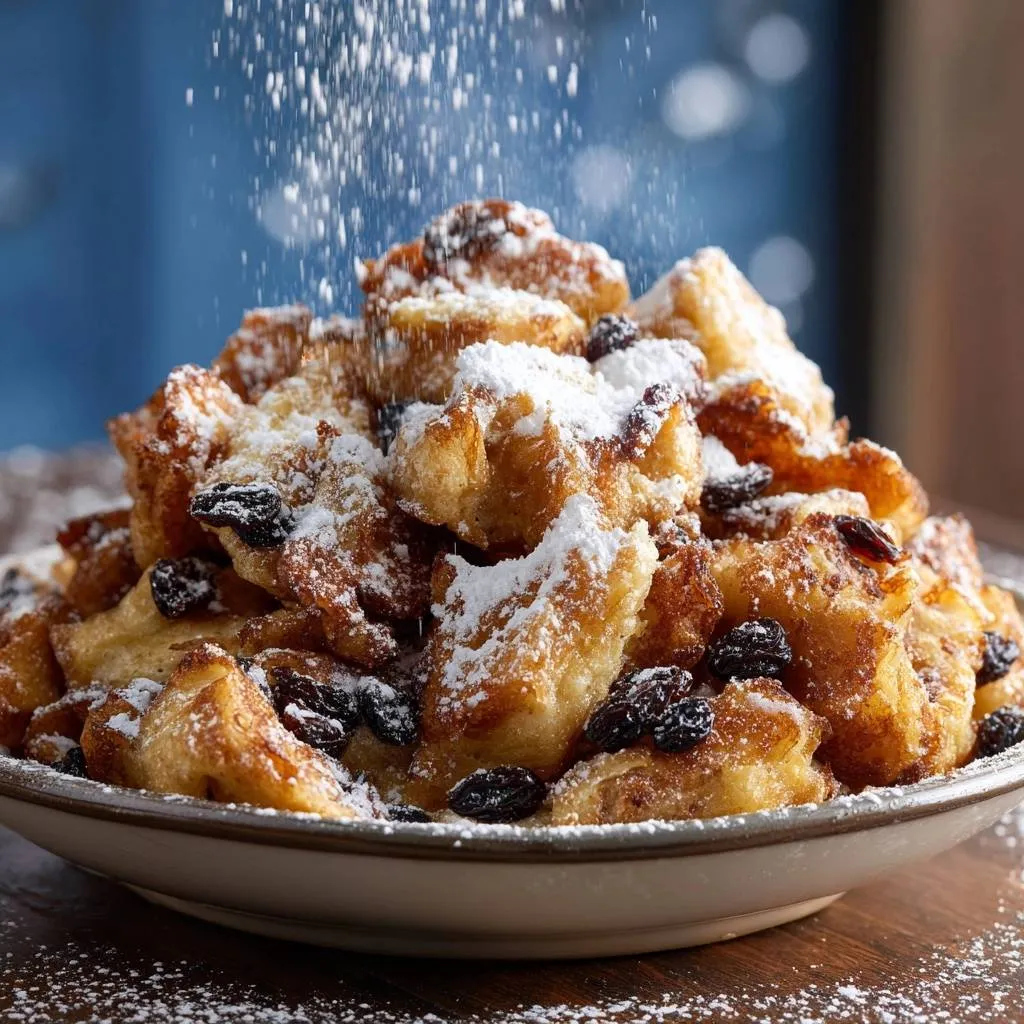 Fluffy raisin beignets with a generous dusting of powdered sugar being sprinkled on top.